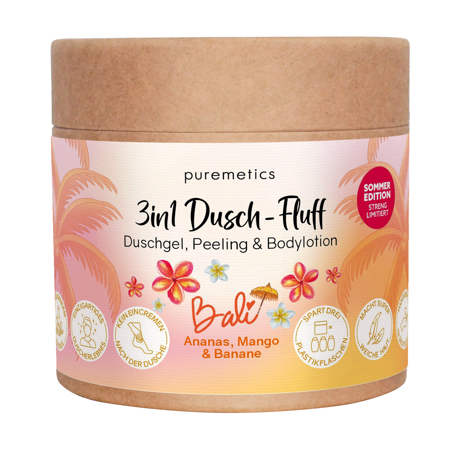 puremetics 3in1 Dusch-Fluff 'Bali' mit Zuckerpeeling | Ananas, Mango & Banane