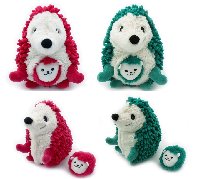 Les Déglingos Handgefertigte Igel Mama mit Baby | Kuscheltier Kissen | grün rot