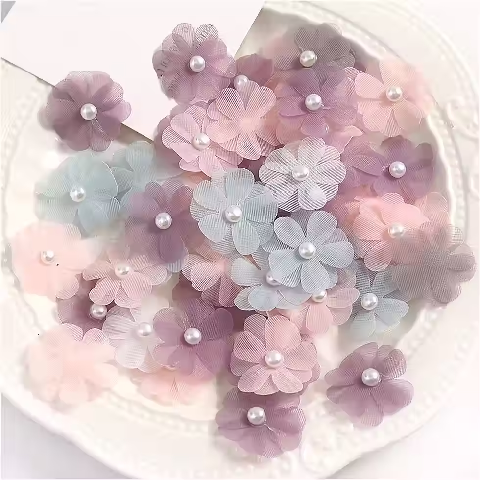 Miniaturbild: Set aus 5 Chiffon Blumen Patches zum Aufnähen Kleben | versch. Farben