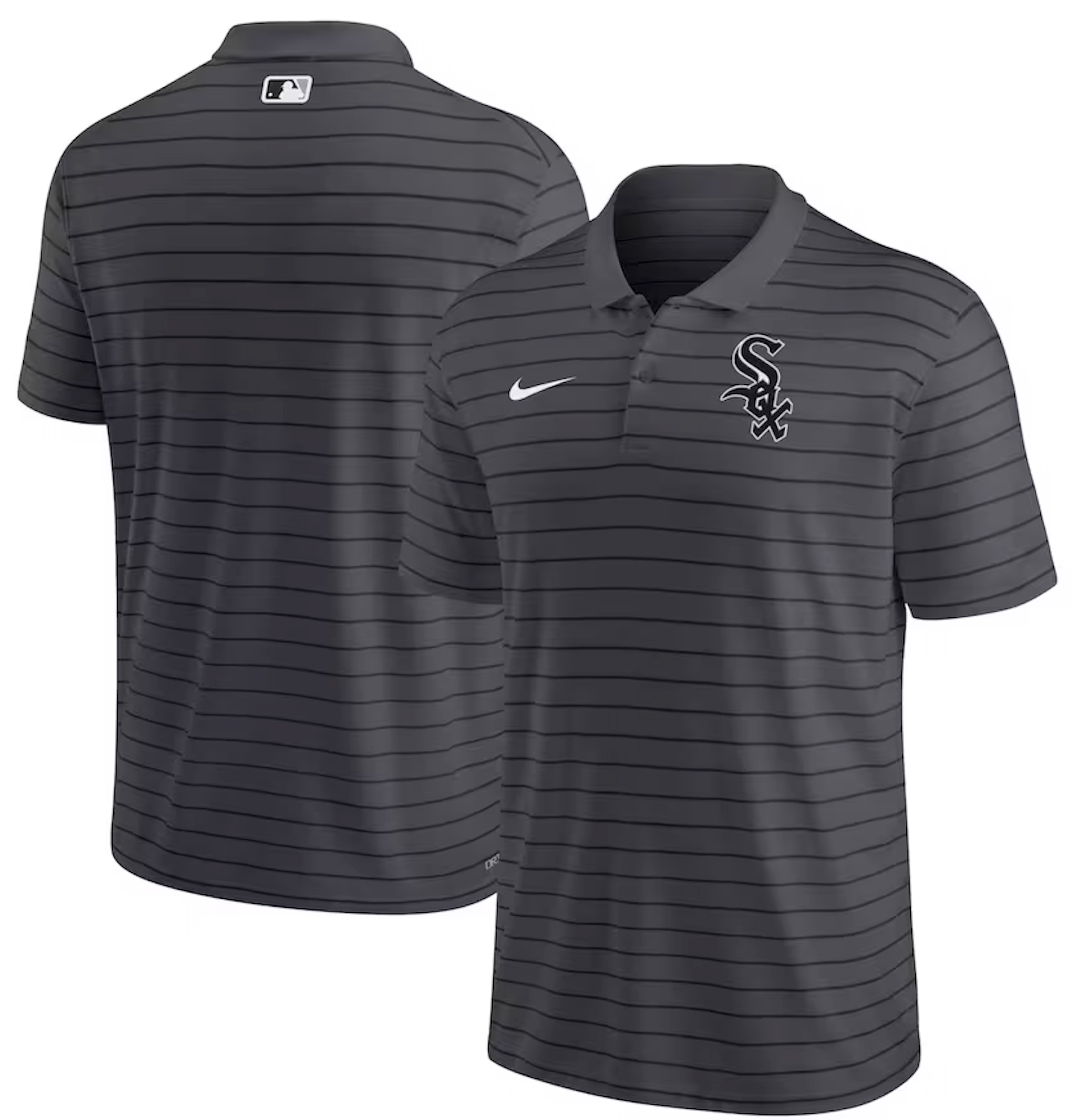 White Sox black striped Nike polo with primary White Sox logo on left chest and MLB logo on back neck.