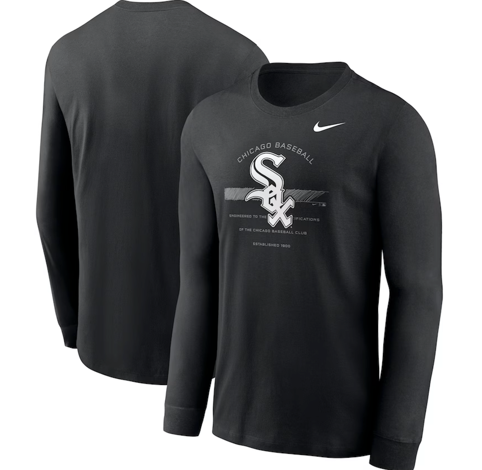 Chicago White Sox black Nike long sleeve tee with primary logo and arched team name. Showing front and back or item.