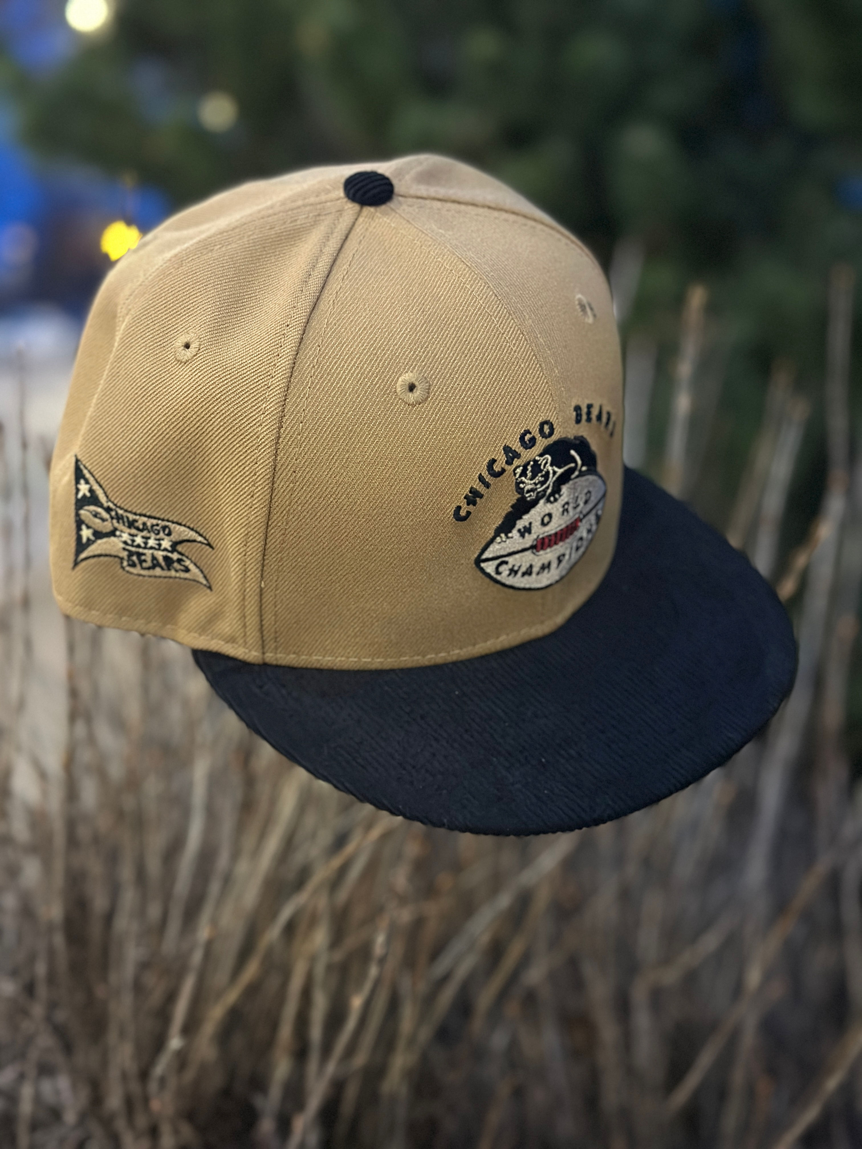 Chicago Bears wheat cap with black corduroy visor and "traditions" banner side patch