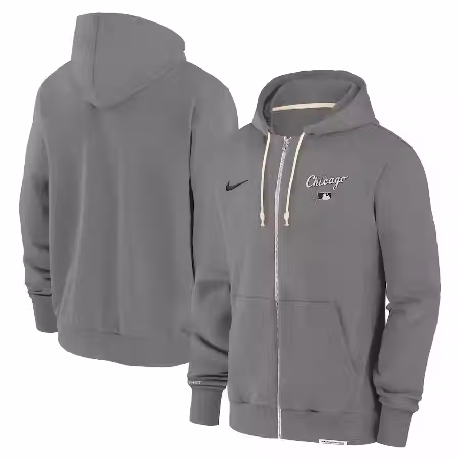 A light gray Chicago White Sox Zip Up Hoodie that features a Black Nike Swoosh on the right-wear chest and a CHicago Script in cream on the left wear chest. The Zip up has cream strings with matching aglets and nothing on the back 