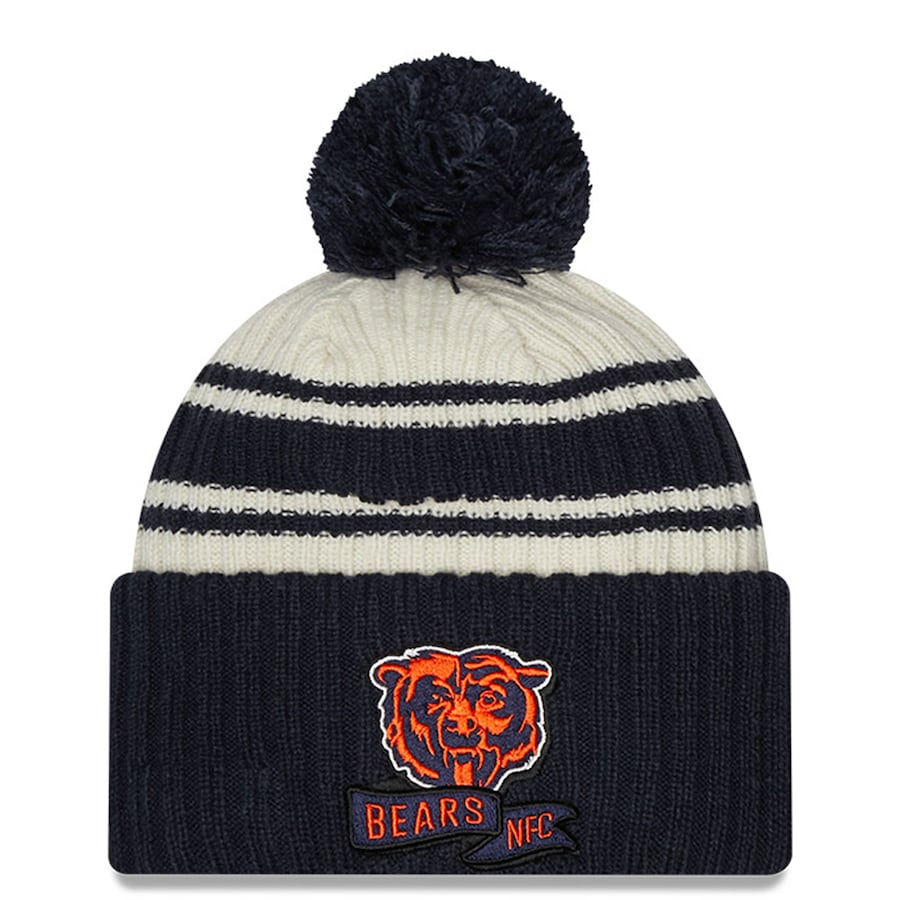 Chicago Bears New Era Cream/Navy 2022 Sideline Sport Cuffed Pom Knit Hat