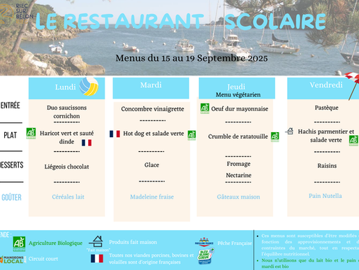 Restauration scolaire : menus du 15 au 26 septembre
