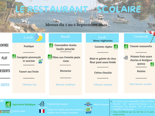 Restauration scolaire : menus du 1er au 12 septembre