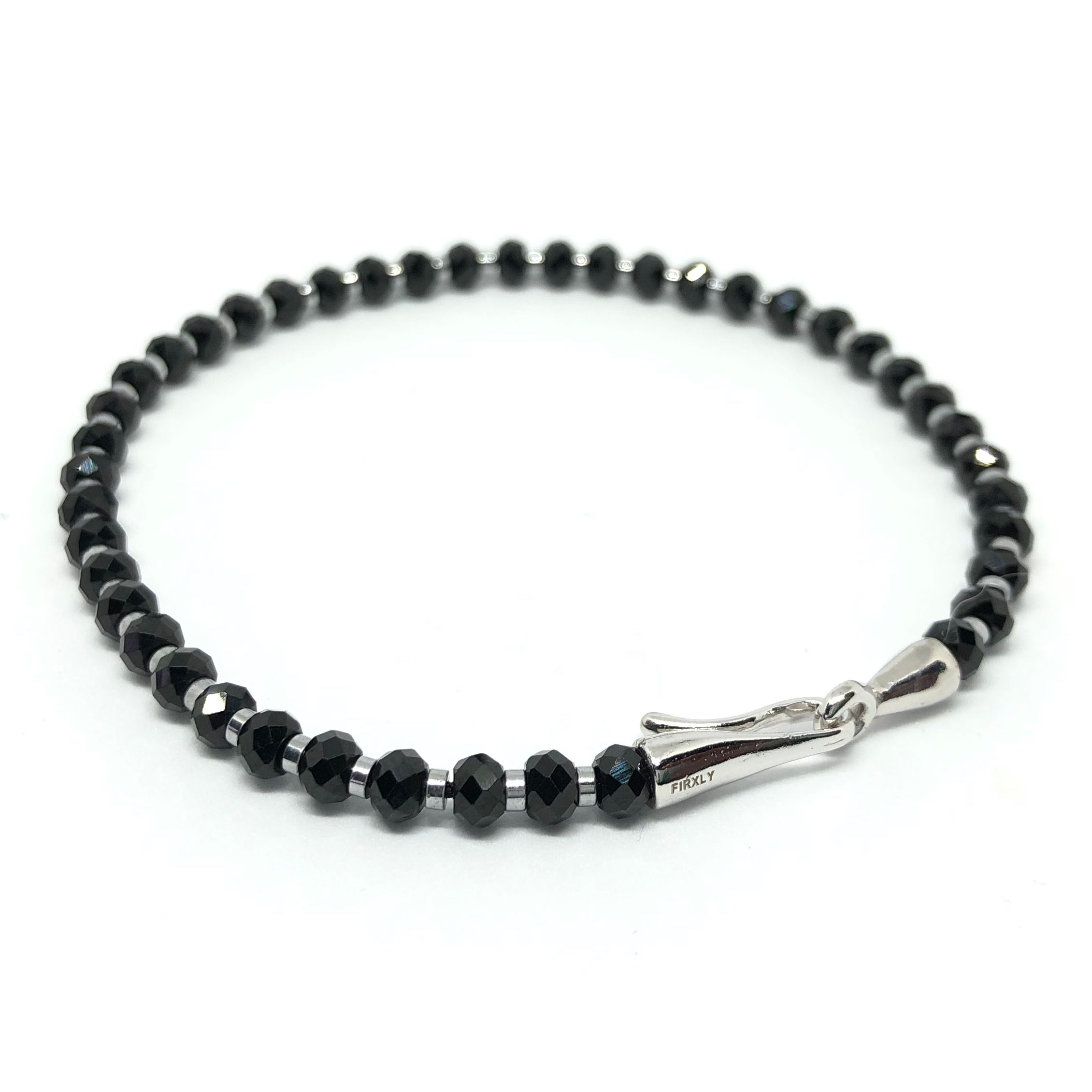 Black Spinel Rondelle handmade bracelet 3x4 mm with engraved Firxly signature on a sterling silver jewelry designer closure