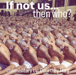 A photograph of male prisoners at CECOT in El Salvador sitting head to back in rows, each wearing a face mask around their nose and mouth and shirtless. The men have tattoos and in the back of the image guards can be seen.