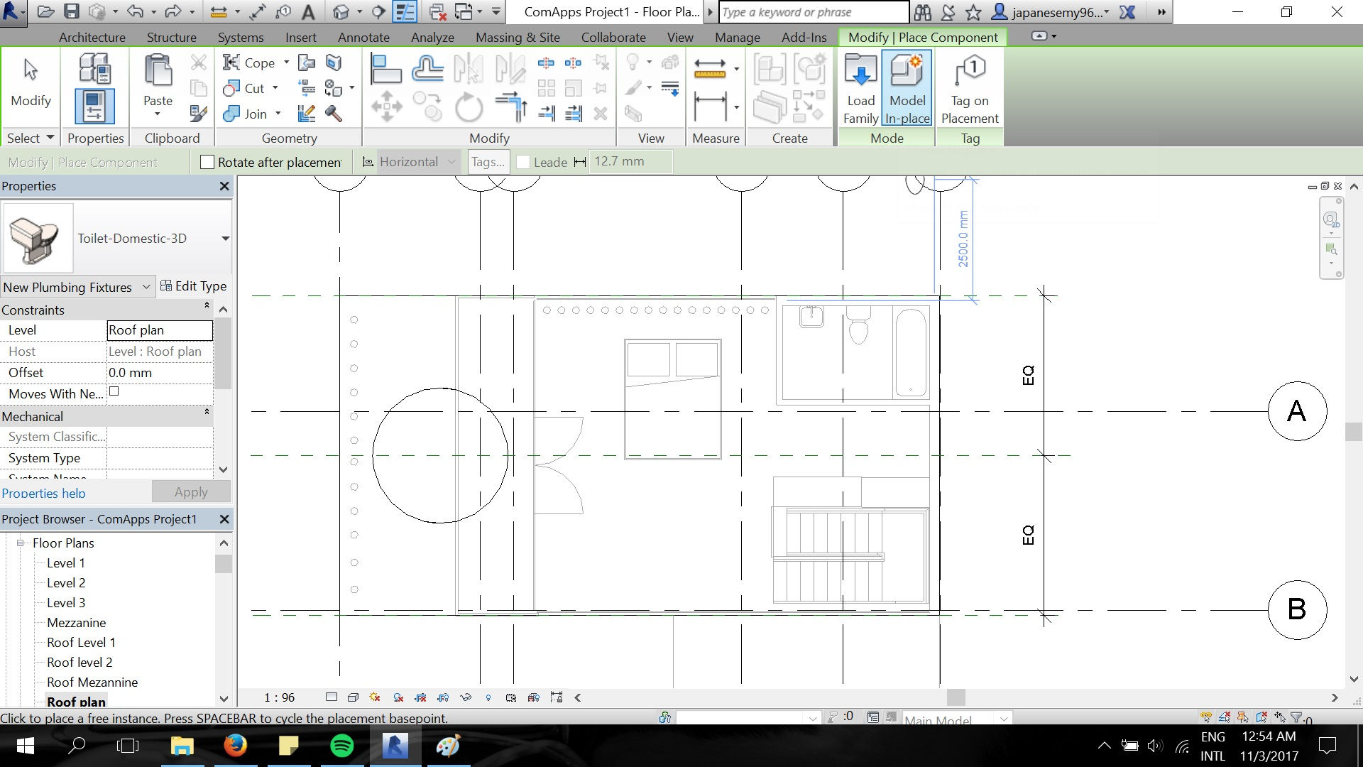 15. Using Model In place, a glass panel is created with extrusion and then the thickness edited in properties tab