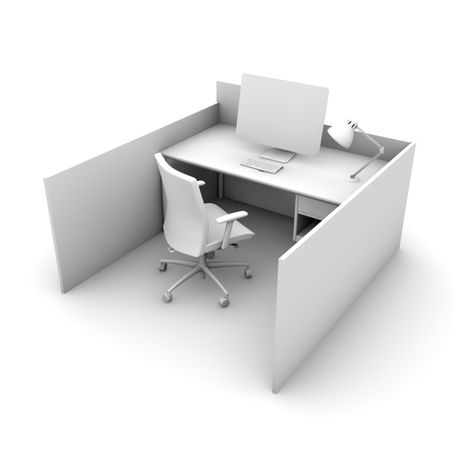 White office cubicle with a swivel chair, desk lamp, large monitor, keyboard, and mouse on the desk; neutral background.