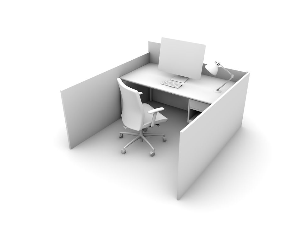 White office cubicle with a swivel chair, desk lamp, large monitor, keyboard, and mouse on the desk; neutral background.