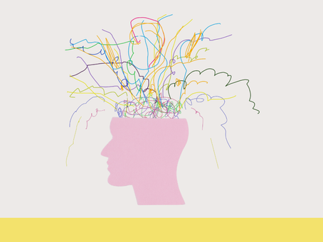 Silhouette of a pink head with colorful scribbles emerging, suggesting a chaotic mind. White background. Text: “30 IN 30, Day 16” on yellow.