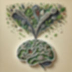 Graphic art of a brain with leaves and patterns emerging, symbolizing traumatic memories being stored and changing as they're re-filed. Could be perceived as flashbacks emerging then healing with therapy techniques.