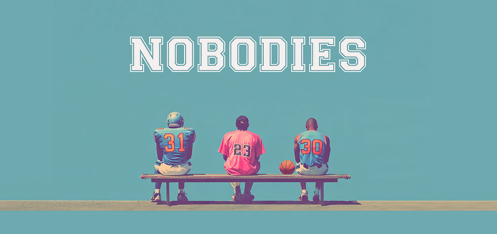 Illustrated friends on a bench under bold teal title for Nobodies – a comedy sports pilot podcast by Pinball Productions.
