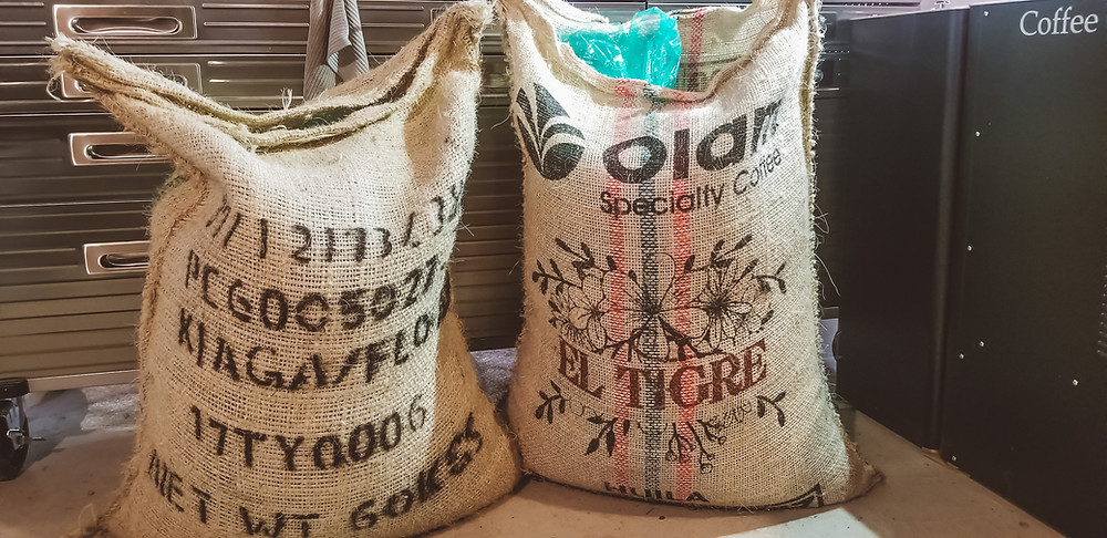 Green coffee beans in burlap sacks