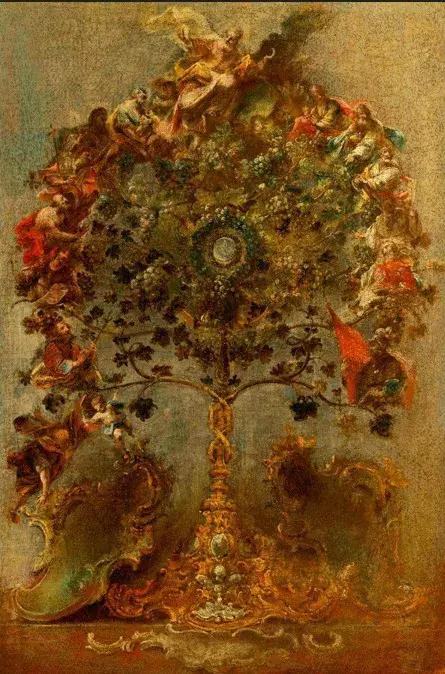 Ostensório com videiras, Deus Pai e outras figuras. 1712-1761. Johann Wolfgang Baumgartner