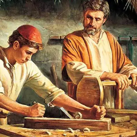 Jesus trabalha na carpintaria com São José