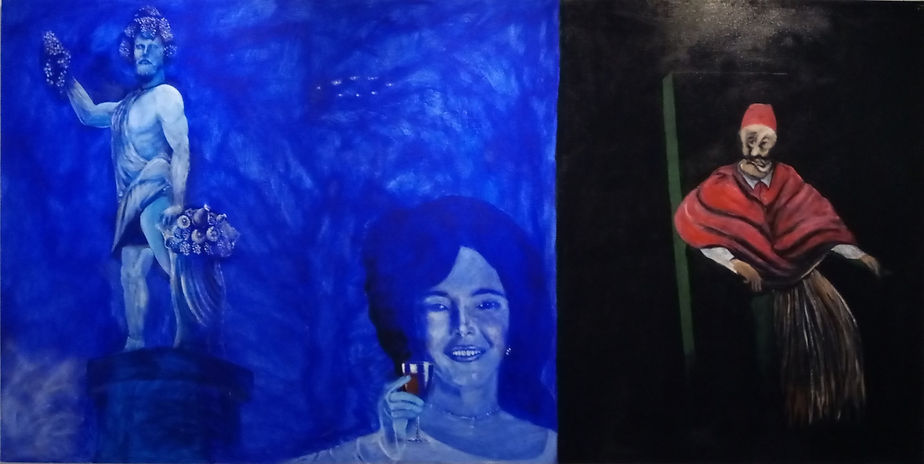 Jojo Soria de Veyra, Bacchus and Ariadne (After Titian), 2019, acrylic on canvas, 96" x 48"