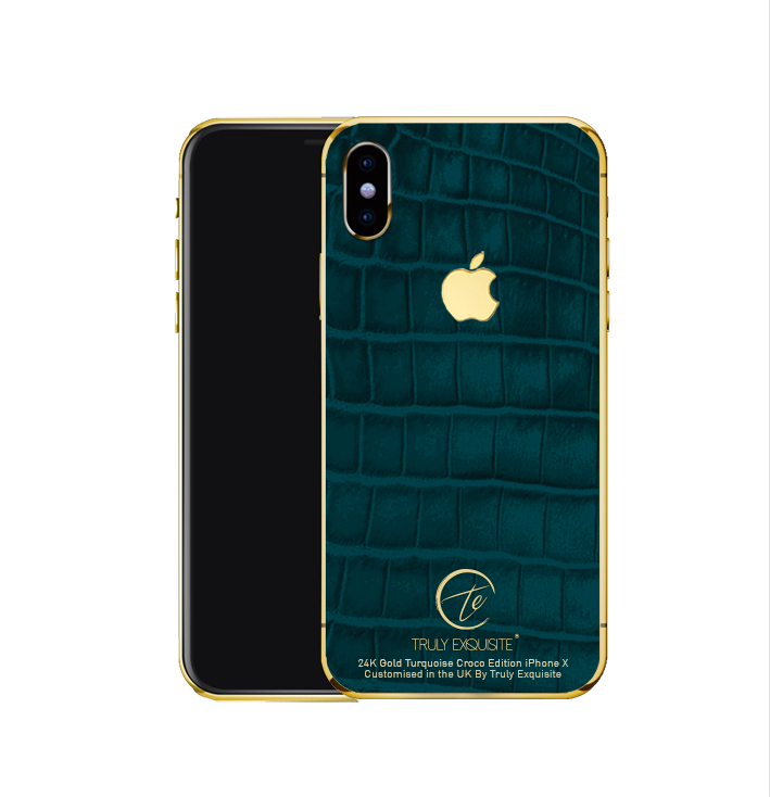 Thumbnail: 24k Gold turquoise croco leather iPhone X