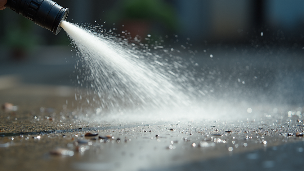 Close-up view of a high-pressure washer nozzle spraying water on a concrete surface