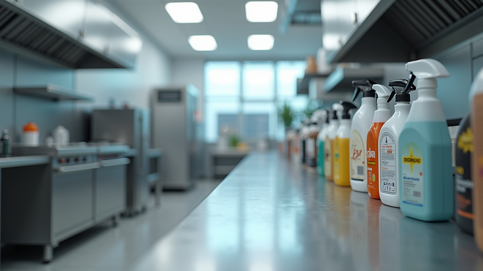 Close-up view of a clean commercial kitchen with ESA cleaning products visible on the counter