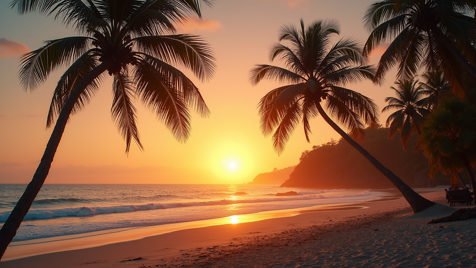 Eye-level view of a palm tree-lined beach at sunset