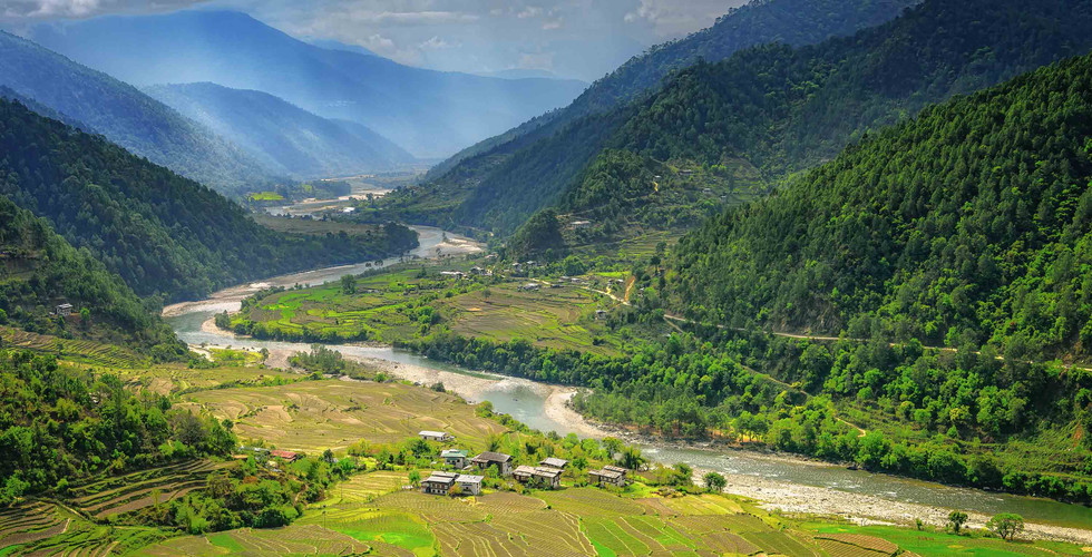 The Mochu River which winds past the Six Senses Punakha
