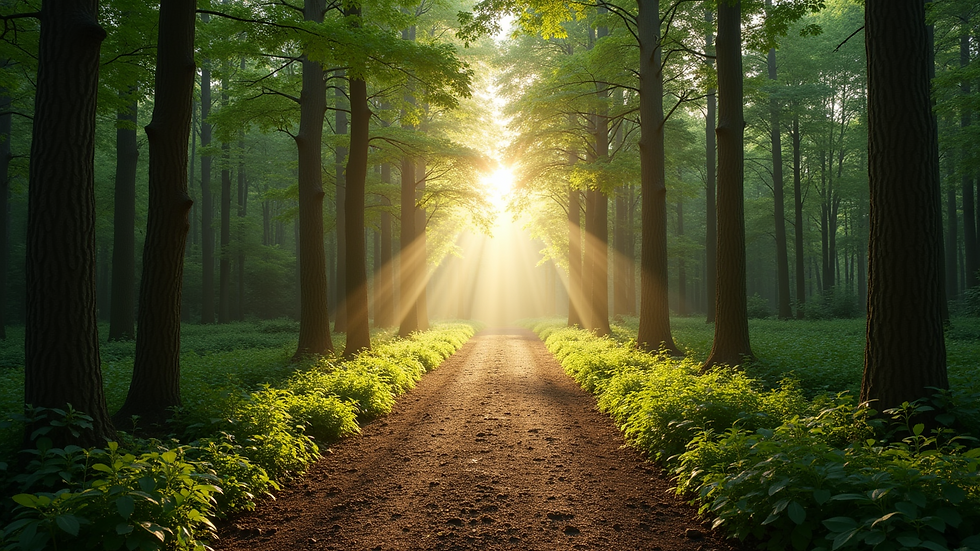 Close-up view of a serene landscape with a winding path through a forest