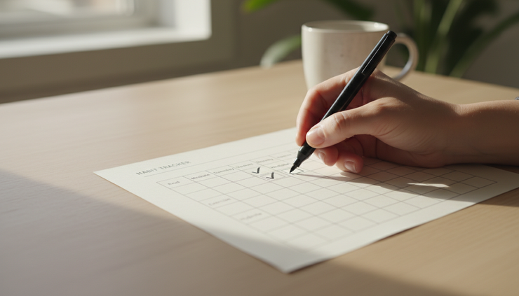 Close-up of a hand placing a check mark in a paper habit tracker.