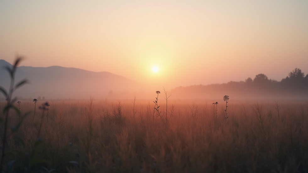 Wide angle view of a serene landscape with a sunrise