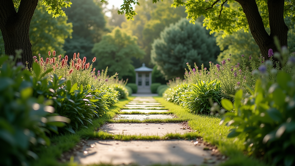 Eye-level view of a peaceful garden with a stone pathway