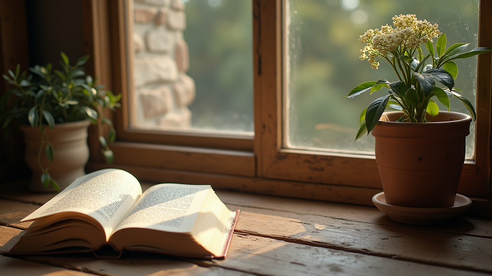 Eye-level view of a cozy corner with a peaceful reading nook