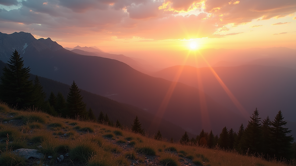 Wide-angle view of a serene mountain landscape during a sunset