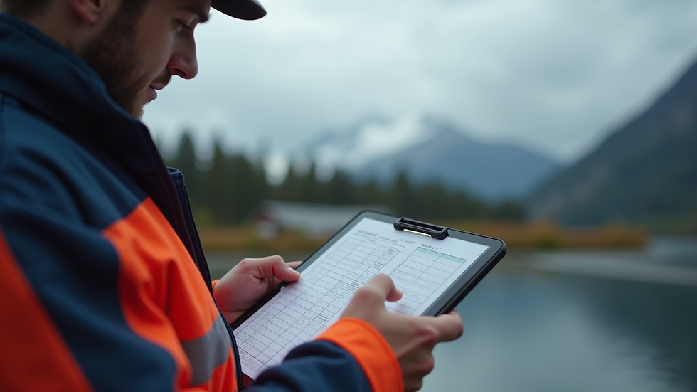Eye-level view of a small trade business owner using a tablet to manage bookkeeping on a remote Alaskan job site