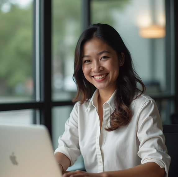 A Filipino professional smiling confidently while working on a laptop in a modern office-s