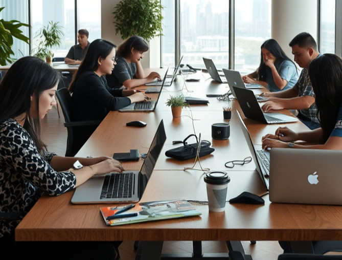 coworking space that looks like an office, multiple young adult filipinos 60% women, 40% m