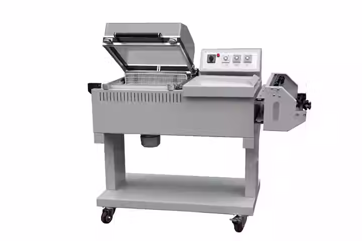 Front view of iSBSF‑4030 shrink wrap sealing machine showing L-bar sealer and clear chamber hood