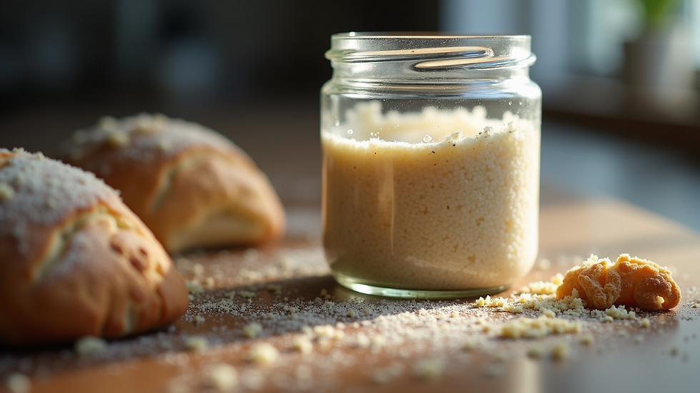 Eye-level view of a sourdough starter in a glass jar