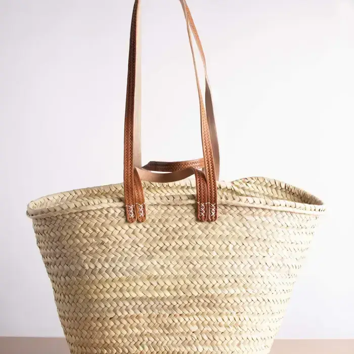 French Market Basket - Straw Bag Handmade with Leather