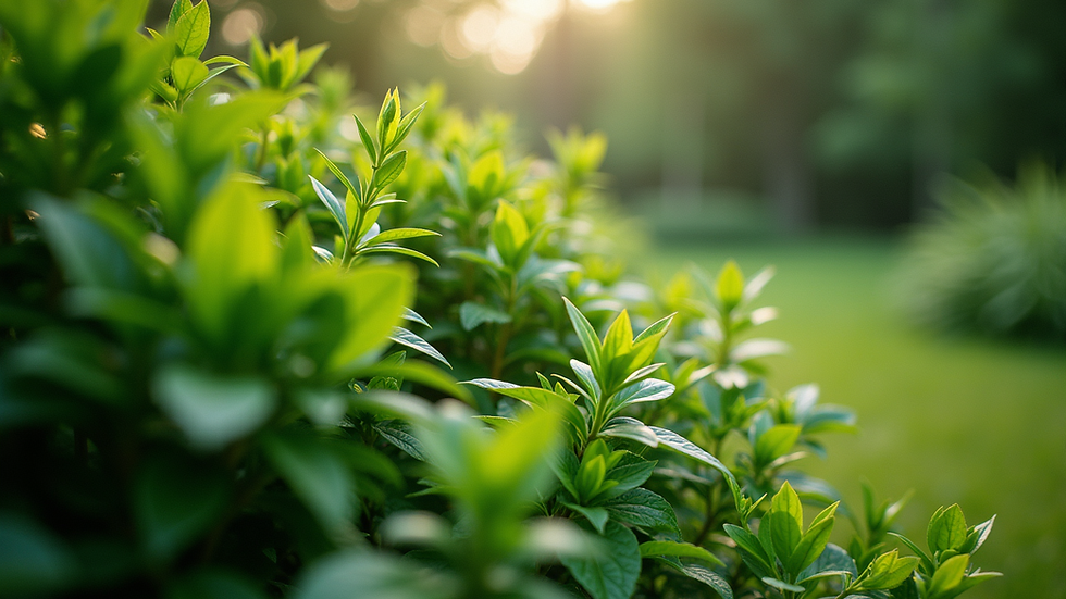 Eye-level view of a lush green garden with diverse plants