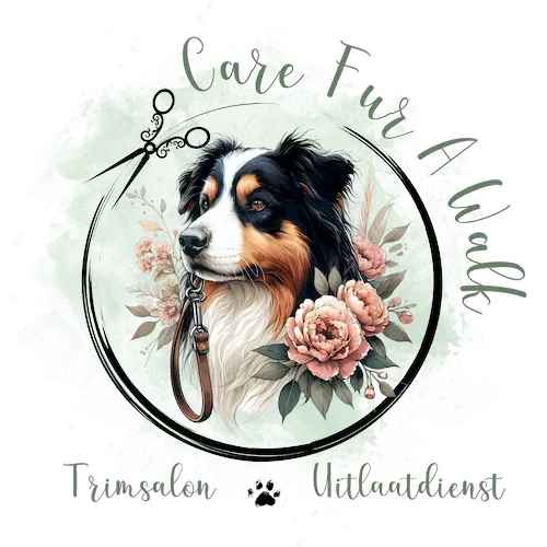 Logo van Care Fur a Walk - Trimsalon en Uitlaatdienst in Geel, met een illustratie van een hond, een schaar en bloemen.