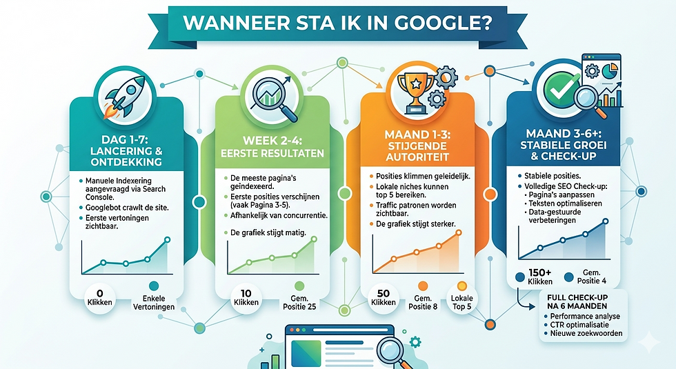 Een heldere, stapsgewijze infographic in een moderne vectorstijl die het SEO-proces na de lancering van een website uitlegt onder de titel "Wanneer sta ik in Google?". De graphic is opgedeeld in vier gekleurde kolommen, elk voorzien van een stijgende grafiek en iconen: 1. "Dag 1-7: Lancering & Ontdekking" (blauw met een lancerende raket), 2. "Week 2-4: Eerste resultaten" (groen met een vergrootglas), 3. "Maand 1-3: Stijgende autoriteit" (oranje met een trofee), en 4. "Maand 3-6+: Stabiele groei & check-up" (donkerblauw met een vinkje). De achtergrond toont subtiele netwerklijnen en onderaan staat een illustratie van een webbrowser met een vergrootglas.