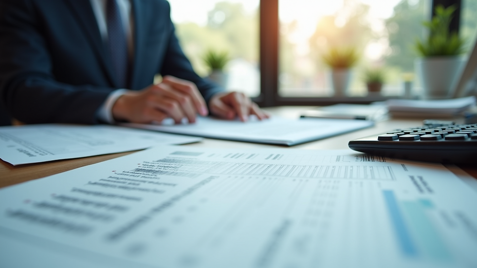 Eye-level view of a neat office desk with financial documents and calculator