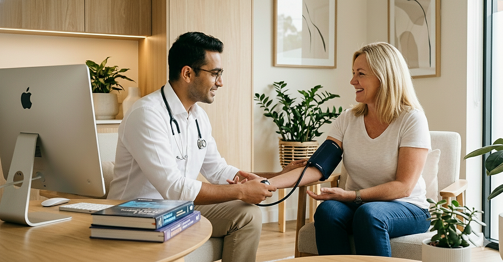 Private GP carrying out a Full Health Check MOT on female patient.