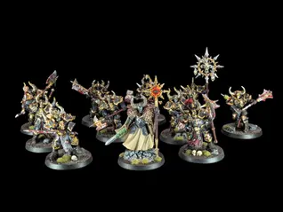 Seigneur Sorcier du Chaos et élus du chaos de l'armee des slaves to darkness de warhammer age of sigmar niveau tabletop plus style eavy metal peint par pint of paint marseille