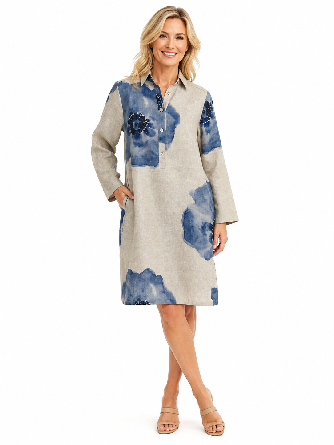 Shirt Dress Blue Flower on Natural