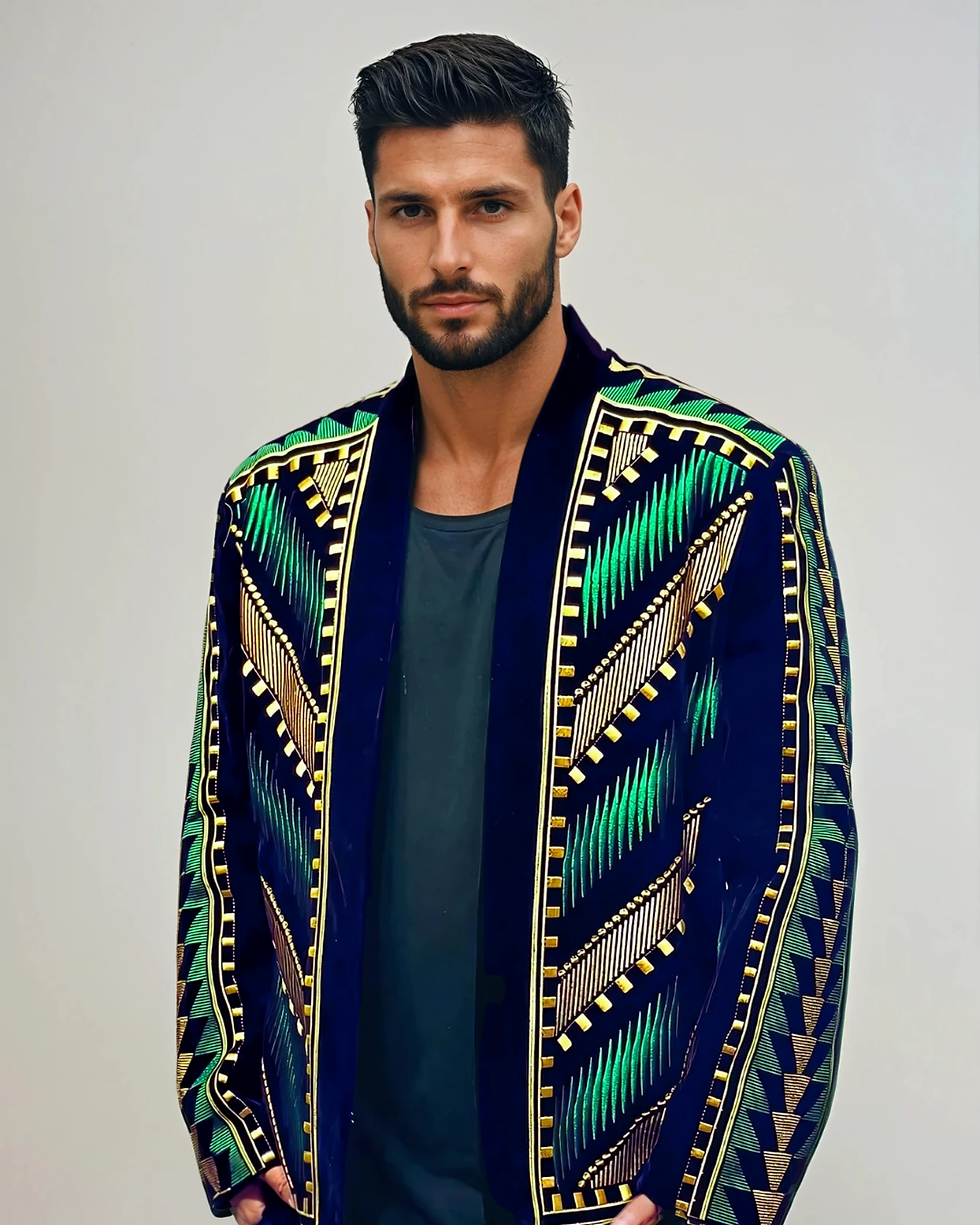 Thumbnail: Front view of the Emerald City Embroidered Velvet Jacket on a model, styled with black T-shirt