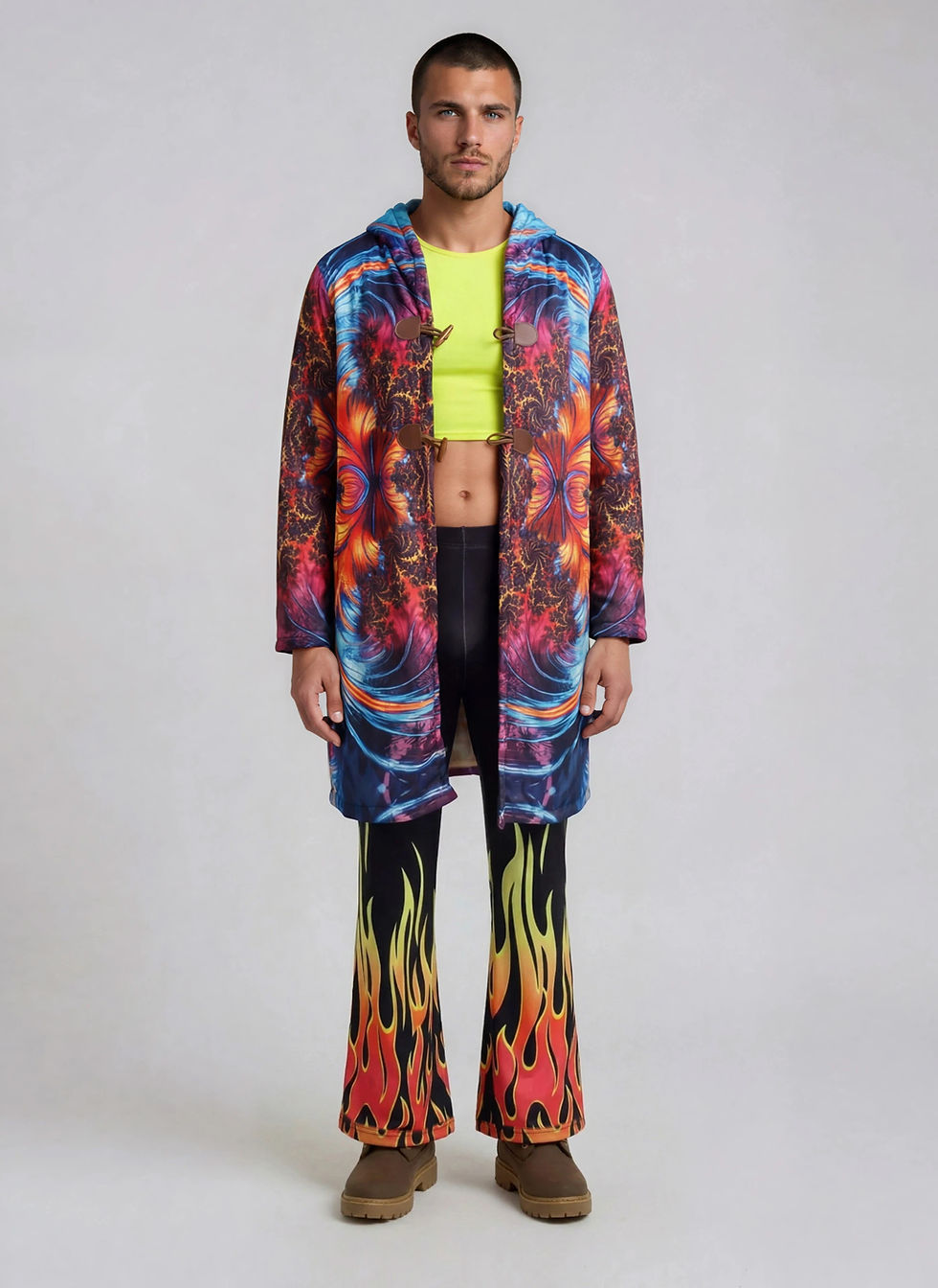 Thumbnail: Front view of the Devil Fractal Rave Coat styled with flame print flares and backlight crop top