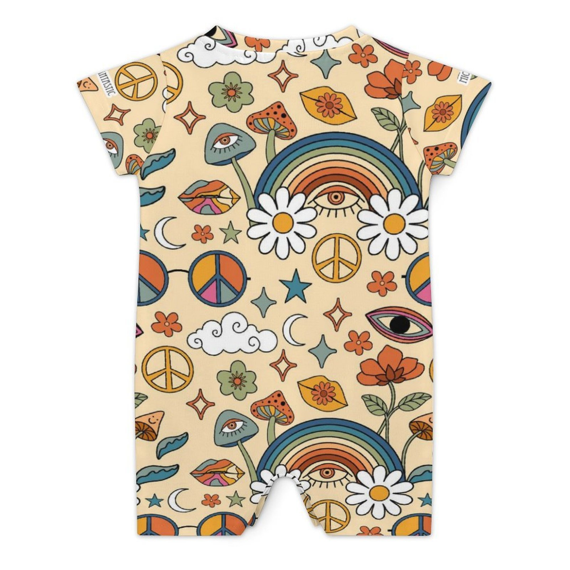 Micro Doses Peace Out short sleeve cotton baby romper, back view, showing the colourful all-over psychedelic print.