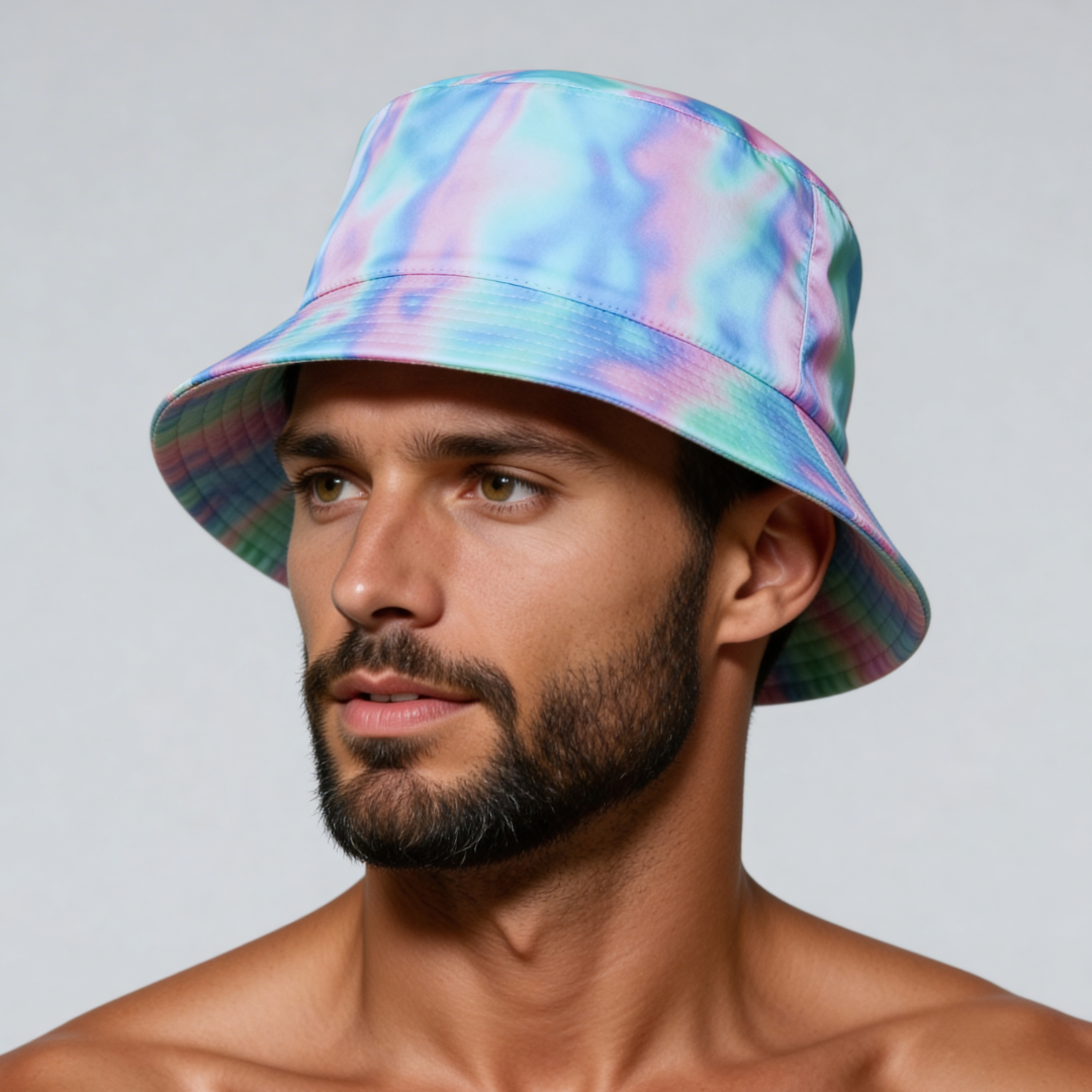 3/4 angle view of the Holo Dream bucket hat on model showing pastel holographic illusion print